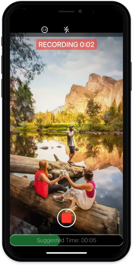 The camera screen shows the current shot and a suggested length.
