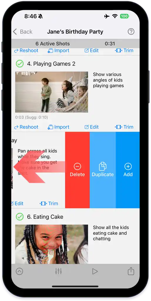 Swipe left for add, duplicate, and delete.