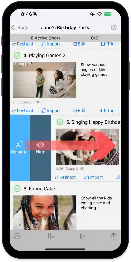 Swipe right to hide or rename a shot.