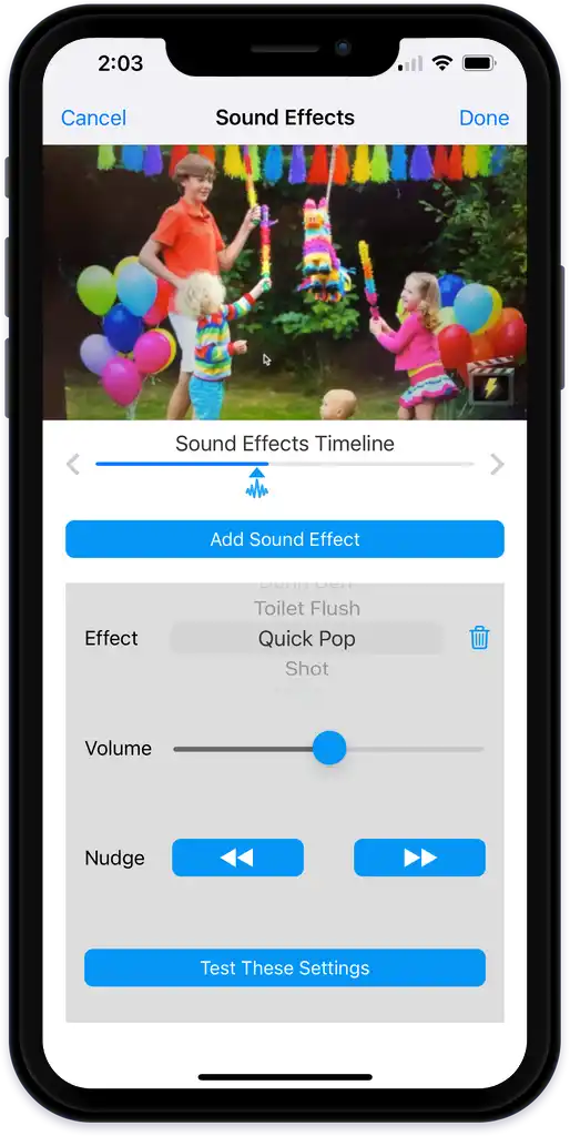 Sound effects sit on the timeline as markers you can move.