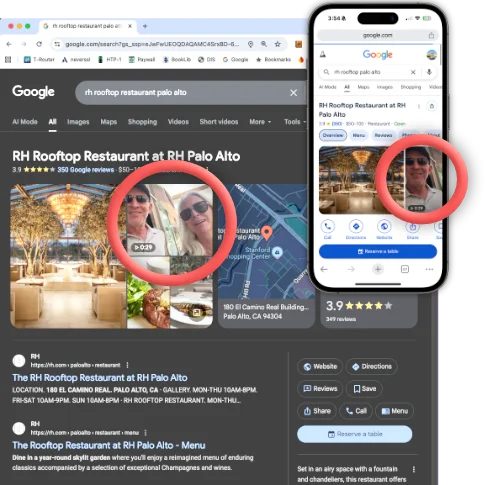 Google Maps and search results showing NanoFlick restaurant videos taking the top spot