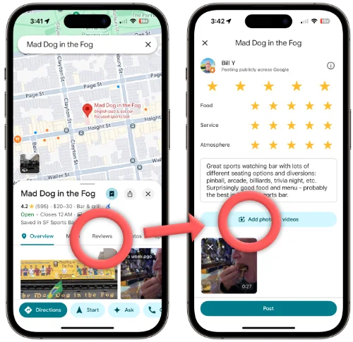Adding the video to a Google Maps review for your restaurant