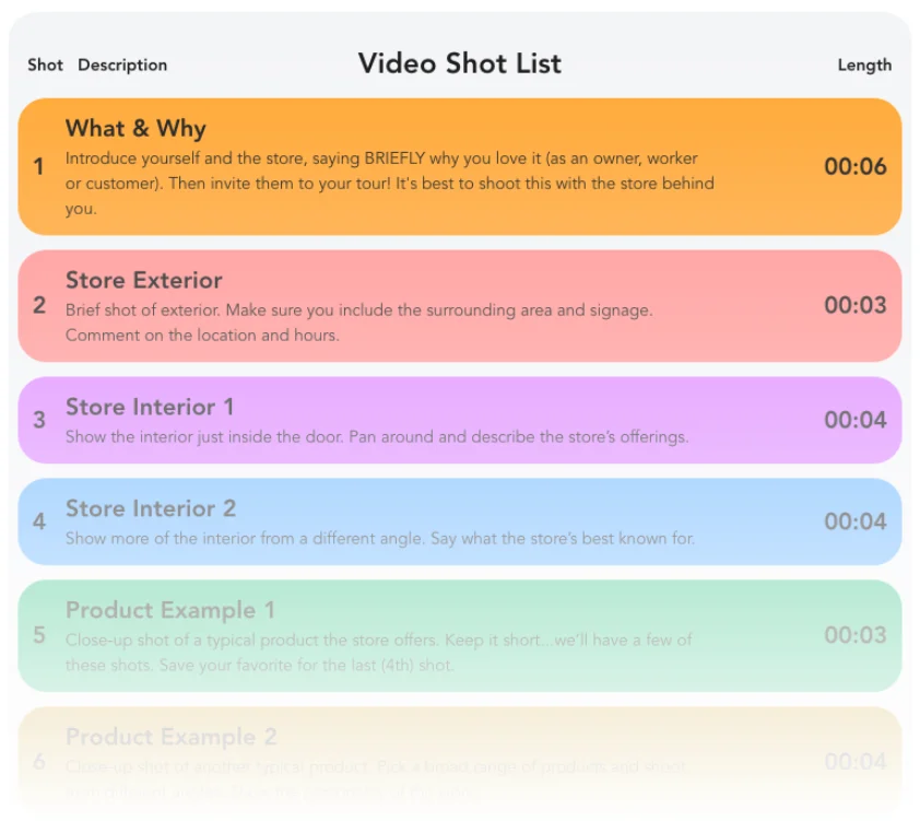Shot list for the Retail Store Tour video story template